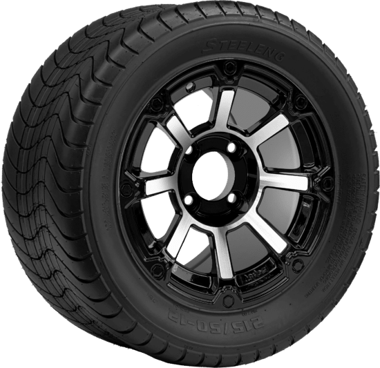 BNDL-TR1213-WH1260-CC0025-LN - SGC 12" Cyclops Machined/Black Wheel - Aluminum Alloy / STEELENG 215/50-12 Comfort Ride Street Tire DOT Approved
