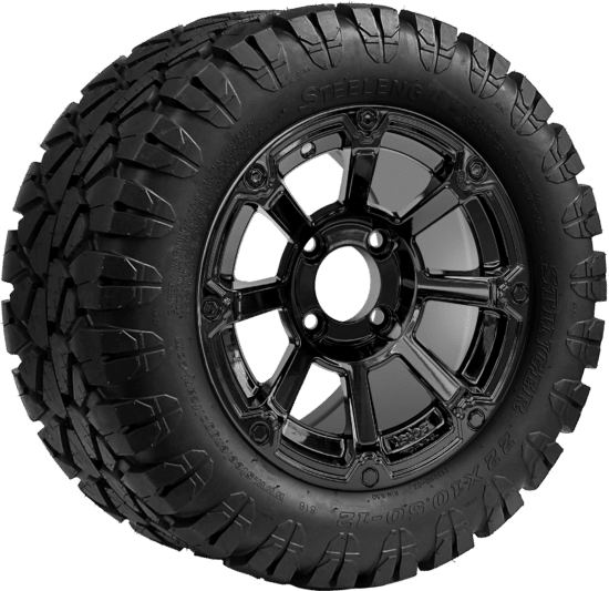 BNDL-TR1203-WH1261-CC0027-LN - SGC 12" Cyclops Glossy Black Wheel - Aluminum Alloy / STEELENG 22″x10.5″-12″ STINGER All Terrain Tire DOT approved