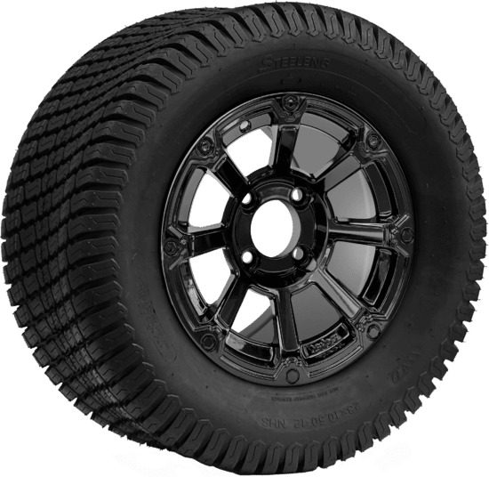 BNDL-TR1206-WH1261-CC0027-LN - SGC 12" Cyclops Glossy Black Wheel - Aluminum Alloy / STEELENG 23″x10.5″-12″ Turf Tire