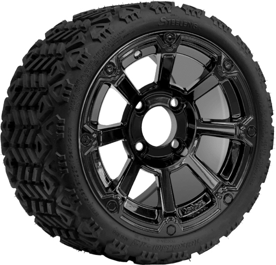 BNDL-TR1208-WH1261-CC0027-LN - SGC 12" Cyclops Glossy Black Wheel - Aluminum Alloy / STEELENG 18″x8.5″-12″ All-Terrain Tire DOT approved
