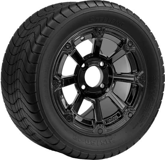 BNDL-TR1213-WH1261-CC0027-LN - SGC 12" Cyclops Glossy Black Wheel - Aluminum Alloy / STEELENG 215/50-12 Comfort Ride Street Tire DOT Approved