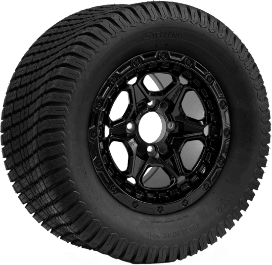 BNDL-TR1206-WH1264-CC0027-LN - SGC 12" Grizzly Glossy Black Wheel - Aluminum Alloy / STEELENG 23″x10.5″-12″ Turf Tire
