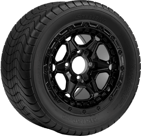 BNDL-TR1213-WH1264-CC0027-LN - SGC 12" Grizzly Glossy Black Wheel - Aluminum Alloy / STEELENG 215/50-12 Comfort Ride Street Tire DOT Approved
