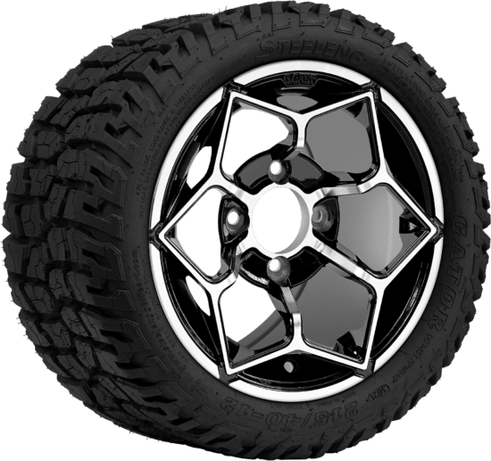BNDL-TR1210-WH1266-CC0025-LN - SGC 12" Hammerhead Machined/Black Wheel - Aluminum Alloy / STEELENG 215/40-12 Hybrid Low Profile / All Terrain Tire DOT Approved