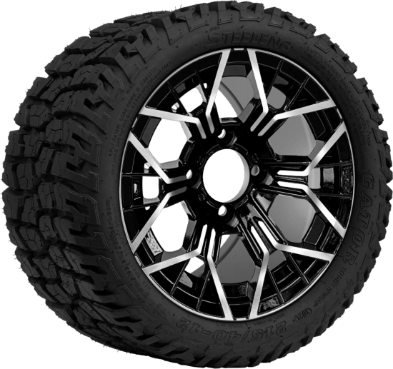 BNDL-TR1210-WH1267-CC0025-LN - SGC 12" Mantis Machined/Black Wheel - Aluminum Alloy / STEELENG 215/40-12 Hybrid Low Profile / All Terrain Tire DOT Approved