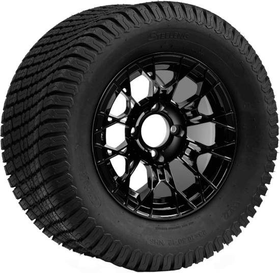 BNDL-TR1206-WH1274-CC0027-LN - SGC 12" Tarantula Glossy Black Wheel - Aluminum Alloy / STEELENG 23″x10.5″-12″ Turf Tire
