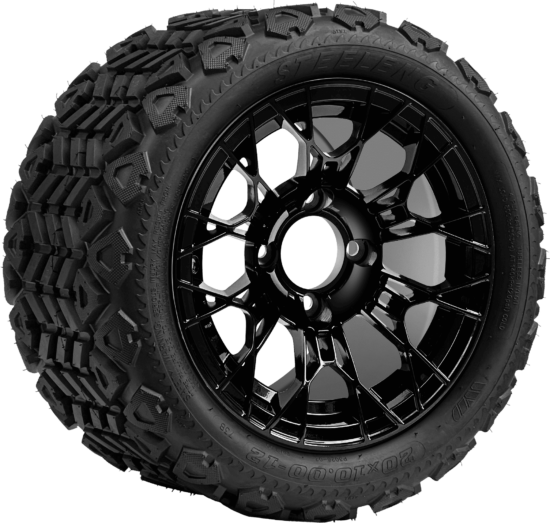 BNDL-TR1207-WH1274-CC0027-LN - SGC 12" Tarantula Glossy Black Wheel - Aluminum Alloy / STEELENG 20″x10″-12″ All Terrain Tire DOT approved