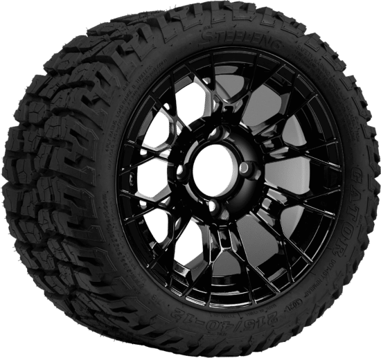 BNDL-TR1210-WH1274-CC0027-LN - SGC 12" Tarantula Glossy Black Wheel - Aluminum Alloy / STEELENG 215/40-12 GATOR Hybrid Low Profile / All Terrain Tire DOT Approved