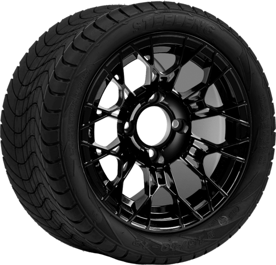 BNDL-TR1211-WH1274-CC0027-LN - SGC 12" Tarantula Glossy Black Wheel - Aluminum Alloy / STEELENG 215/40-12 Low Profile Tire DOT Approved