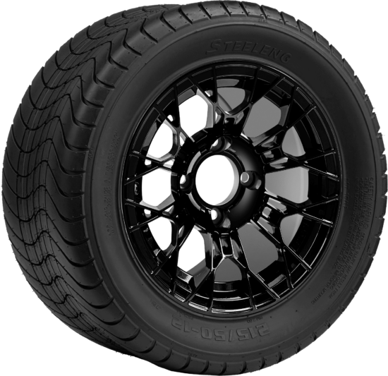 BNDL-TR1213-WH1274-CC0027-LN - SGC 12" Tarantula Glossy Black Wheel - Aluminum Alloy / STEELENG 215/50-12 Comfort Ride Street Tire DOT Approved