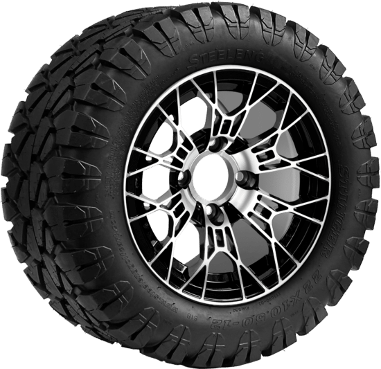 BNDL-TR1203-WH1275-CC0025-LN - SGC 12" Tarantula Machined/Black Wheel - Aluminum Alloy / STEELENG 22″x10.5″-12″ STINGER All Terrain Tire DOT approved