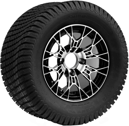 BNDL-TR1206-WH1275-CC0025-LN - SGC 12" Tarantula Machined/Black Wheel - Aluminum Alloy / STEELENG 23″x10.5″-12″ Turf Tire
