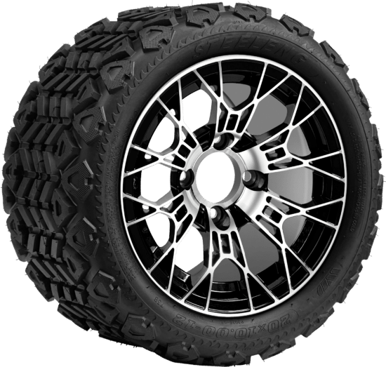 BNDL-TR1207-WH1275-CC0025-LN - SGC 12" Tarantula Machined/Black Wheel - Aluminum Alloy / STEELENG 20″x10″-12″ All Terrain Tire DOT approved