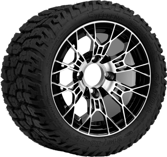 BNDL-TR1210-WH1275-CC0025-LN - SGC 12" Tarantula Machined/Black Wheel - Aluminum Alloy / STEELENG 215/40-12 Hybrid Low Profile / All Terrain Tire DOT Approved