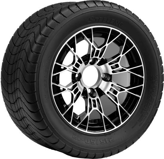 BNDL-TR1213-WH1275-CC0025-LN - SGC 12" Tarantula Machined/Black Wheel - Aluminum Alloy / STEELENG 215/50-12 Comfort Ride Street Tire DOT Approved