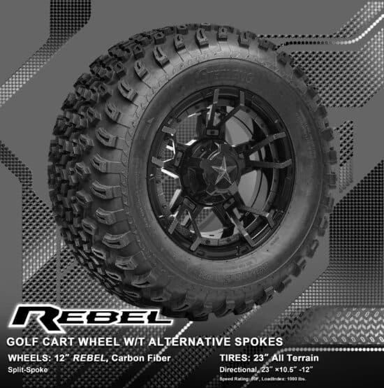 BNDL-TR1205-WH1251-WIRB27-LN – SGC 12" REBEL Glossy Black Wheel - Aluminum Alloy / STEELENG 23"x10.5"-12" All Terrain Tire / REBEL Inserts-Split Spoke-Carbon Fiber