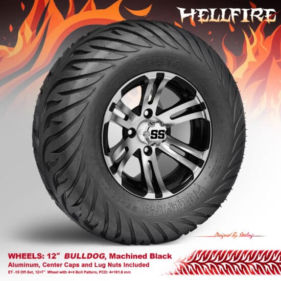 BNDL-TR1215-WH1202-CC0001-LN – SGC 12" Bulldog Machined/Black Wheel - Aluminum Alloy / STEELENG 23”x10.5”-12” HELLFIRE Street Tire DOT approved