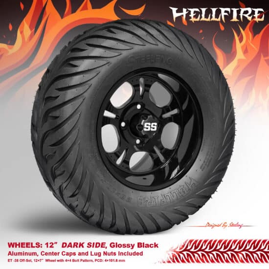 BNDL-TR1215-WH1203-CC0002-LN – SGC 12" Darkside Glossy Black Wheel - Aluminum Alloy / STEELENG 23”x10.5”-12” HELLFIRE Street Tire DOT approved