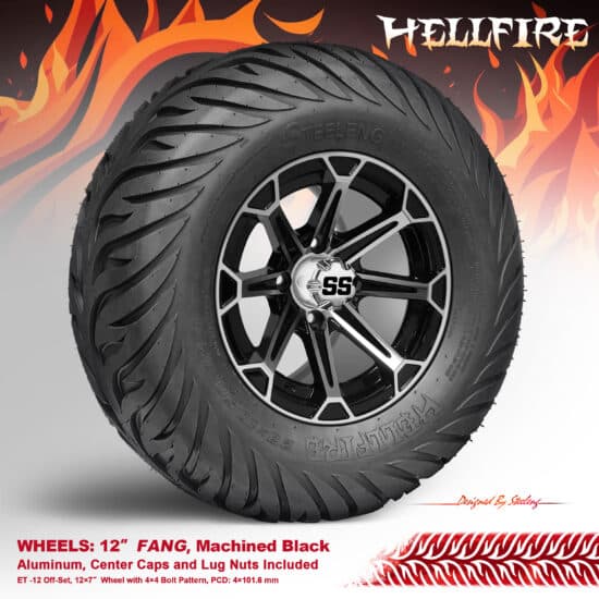 BNDL-TR1215-WH1204-CC0001-LN – SGC 12" Fang Machined/Black Wheel - Aluminum Alloy / STEELENG 23”x10.5”-12” HELLFIRE Street Tire DOT approved