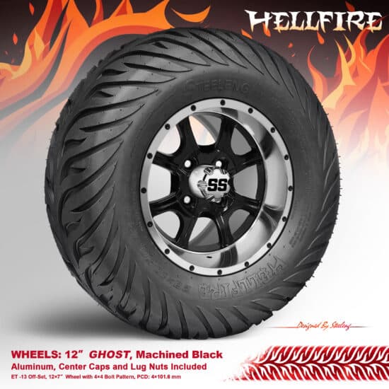 BNDL-TR1215-WH1205-CC0001-LN – SGC 12" Ghost Machined/Black Wheel - Aluminum Alloy / STEELENG 23”x10.5”-12” HELLFIRE Street Tire DOT approved