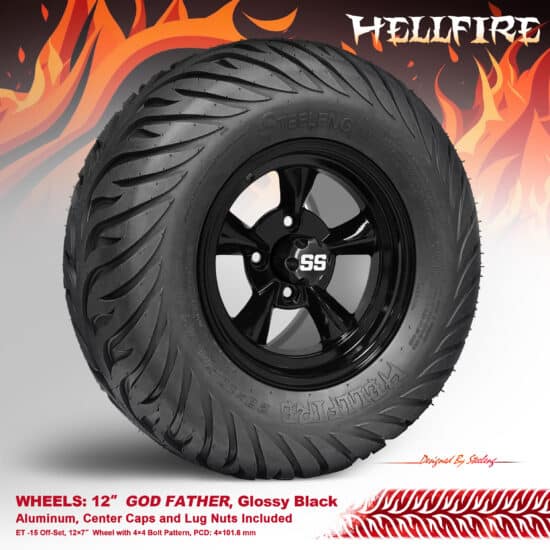 BNDL-TR1215-WH1206-CC0002-LN – SGC 12" God Father Glossy Black Wheel - Aluminum Alloy / STEELENG 23”x10.5”-12” HELLFIRE Street Tire DOT approved