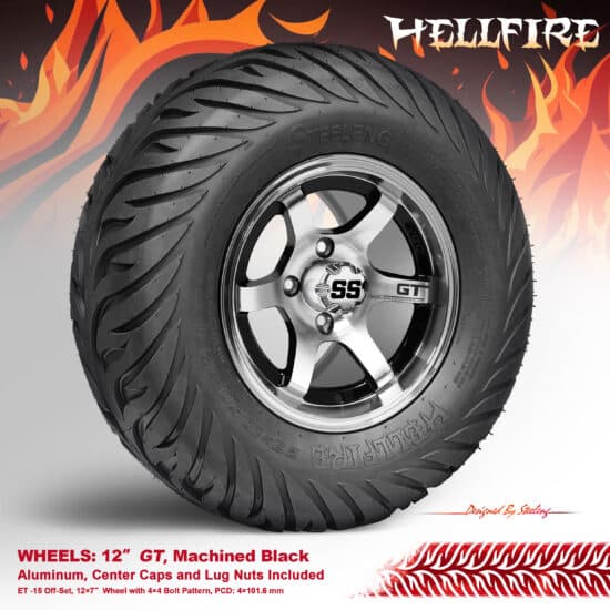 BNDL-TR1215-WH1209-CC0001-LN – SGC 12" GT Machined/Black Wheel - Aluminum Alloy / STEELENG 23”x10.5”-12” HELLFIRE Street Tire DOT approved