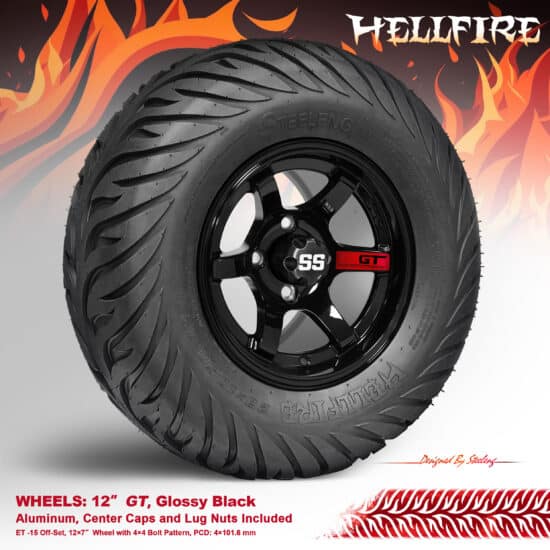 BNDL-TR1215-WH1210-CC0002-LN – SGC 12" GT Glossy Black Wheel - Aluminum Alloy / STEELENG 23”x10.5”-12” HELLFIRE Street Tire DOT approved