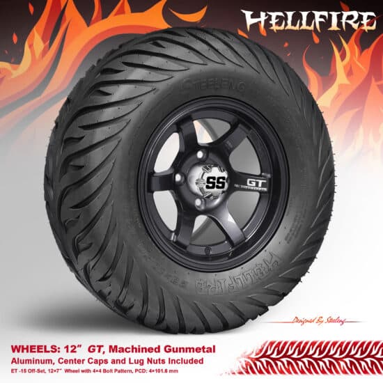 BNDL-TR1215-WH1211-CC0001-LN – SGC 12" GT Gunmetal Wheel - Aluminum Alloy / STEELENG 23”x10.5”-12” HELLFIRE Street Tire DOT approved