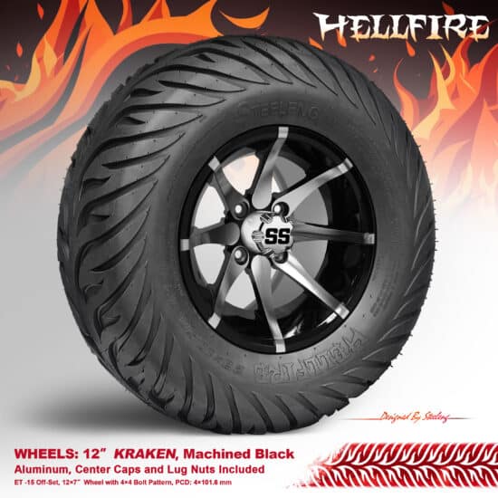 BNDL-TR1215-WH1212-CC0001-LN – SGC 12" Kraken Machined/Black Wheel - Aluminum Alloy / STEELENG 23”x10.5”-12” HELLFIRE Street Tire DOT approved
