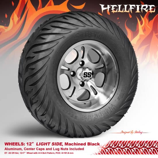 BNDL-TR1215-WH1213-CC0001-LN – SGC 12" Light Side Machined/Black Wheel - Aluminum Alloy / STEELENG 23”x10.5”-12” HELLFIRE Street Tire DOT approved