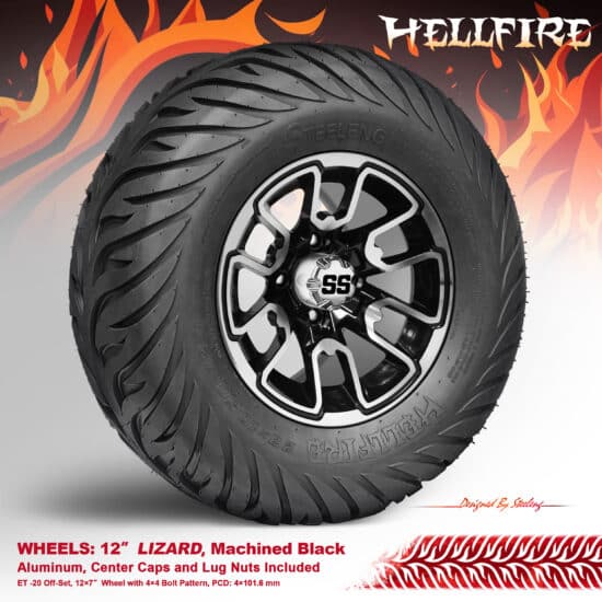 BNDL-TR1215-WH1215-CC0001-LN – SGC 12" Lizard Machined/Black Wheel - Aluminum Alloy / STEELENG 23”x10.5”-12” HELLFIRE Street Tire DOT approved