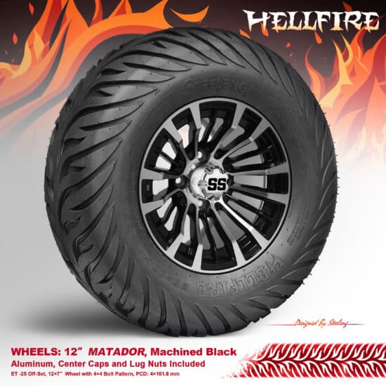 BNDL-TR1215-WH1216-CC0001-LN – SGC 12" Matador Machined/Black Wheel - Aluminum Alloy / STEELENG 23”x10.5”-12” HELLFIRE Street Tire DOT approved