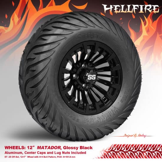 BNDL-TR1215-WH1218-CC0002-LN – SGC 12" Matador Glossy Black Wheel - Aluminum Alloy / STEELENG 23”x10.5”-12” HELLFIRE Street Tire DOT approved