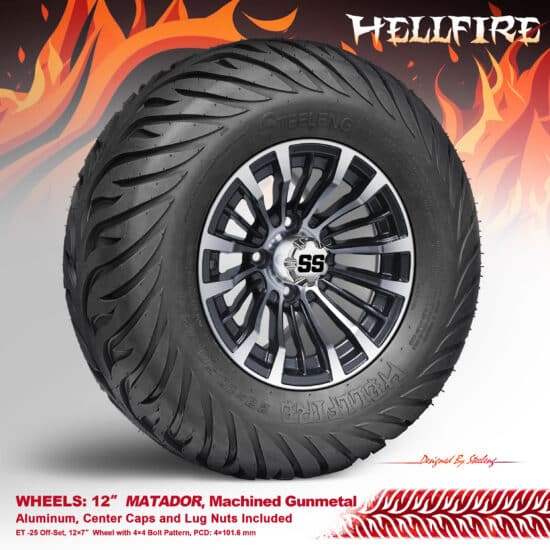 BNDL-TR1215-WH1219-CC0001-LN – SGC 12" Matador Gunmetal Wheel - Aluminum Alloy / STEELENG 23”x10.5”-12” HELLFIRE Street Tire DOT approved