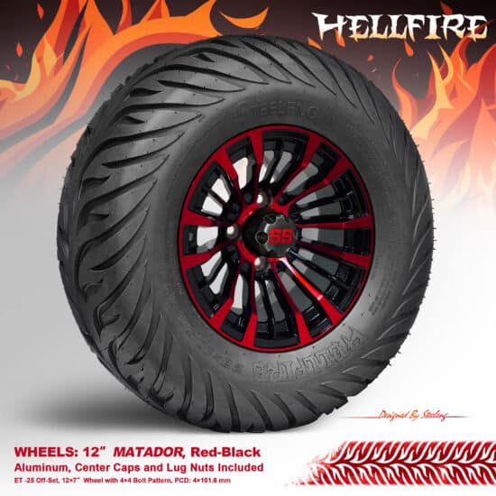 BNDL-TR1215-WH1220-CC0005-LN – SGC 12" Matador Red-Black Wheel - Aluminum Alloy / STEELENG 23”x10.5”-12” HELLFIRE Street Tire DOT approved