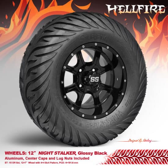 BNDL-TR1215-WH1221-CC0002-LN – SGC 12" Night Stalker Glossy Black Wheel - Aluminum Alloy / STEELENG 23”x10.5”-12” HELLFIRE Street Tire DOT approved