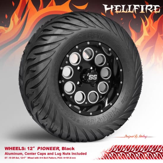 BNDL-TR1215-WH1224-CC0002-LN – SGC 12" Pioneer Glossy Black Wheel - Aluminum Alloy / STEELENG 23”x10.5”-12” HELLFIRE Street Tire DOT approved