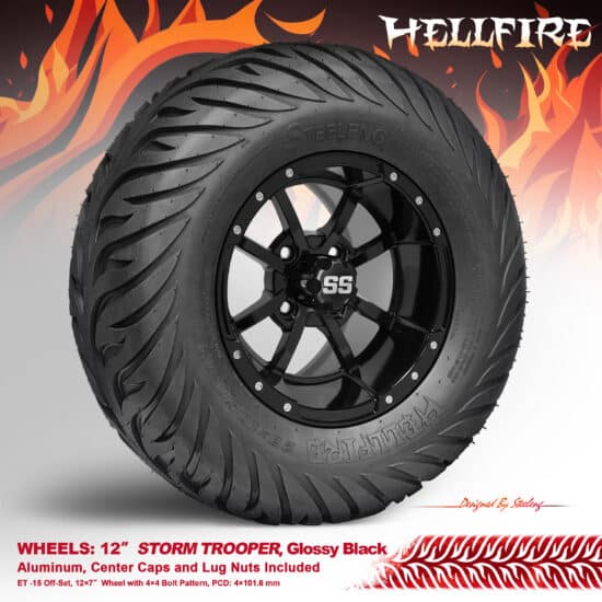 BNDL-TR1215-WH1230-CC0002-LN – SGC 12" Storm Trooper Glossy Black Wheel - Aluminum Alloy / STEELENG 23”x10.5”-12” HELLFIRE Street Tire DOT approved