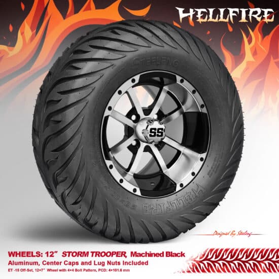 BNDL-TR1215-WH1231-CC0001-LN – SGC 12" Storm Trooper Machined/Black Wheel - Aluminum Alloy / STEELENG 23”x10.5”-12” HELLFIRE Street Tire DOT approved