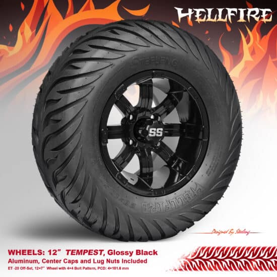 BNDL-TR1215-WH1232-CC0002-LN – SGC 12" Tempest Glossy Black Wheel - Aluminum Alloy / STEELENG 23”x10.5”-12” HELLFIRE Street Tire DOT approved