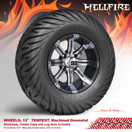 BNDL-TR1215-WH1233-CC0001-LN – SGC 12" Tempest Gunmetal Wheel - Aluminum Alloy / STEELENG 23”x10.5”-12” HELLFIRE Street Tire DOT approved
