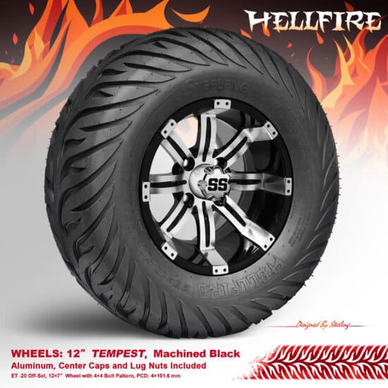 BNDL-TR1215-WH1234-CC0001-LN – SGC 12" Tempest Machined/Black Wheel - Aluminum Alloy / STEELENG 23”x10.5”-12” HELLFIRE Street Tire DOT approved