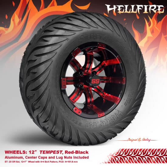 BNDL-TR1215-WH1235-CC0001-LN – SGC 12" Tempest Red-Black Wheel - Aluminum Alloy / STEELENG 23”x10.5”-12” HELLFIRE Street Tire DOT approved