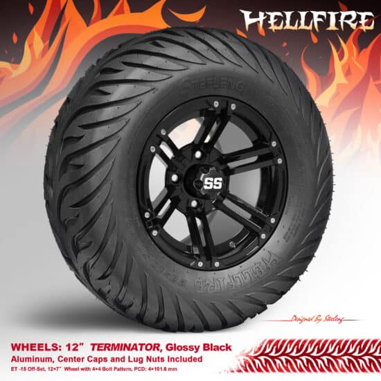 BNDL-TR1215-WH1236-CC0002-LN – SGC 12" Terminator Glossy Black Wheel - Aluminum Alloy / STEELENG 23”x10.5”-12” HELLFIRE Street Tire DOT approved