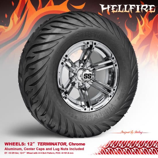 BNDL-TR1215-WH1237-CC0001-LN – SGC 12" Terminator Chrome Wheel - Aluminum Alloy / STEELENG 23”x10.5”-12” HELLFIRE Street Tire DOT approved