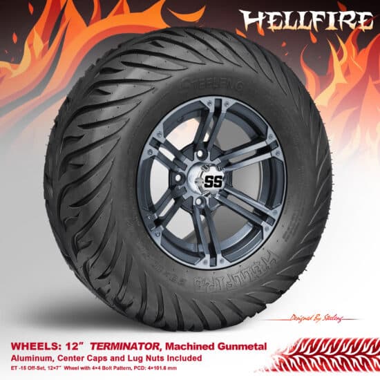 BNDL-TR1215-WH1238-CC0001-LN – SGC 12" Terminator Gunmetal Wheel - Aluminum Alloy / STEELENG 23”x10.5”-12” HELLFIRE Street Tire DOT approved
