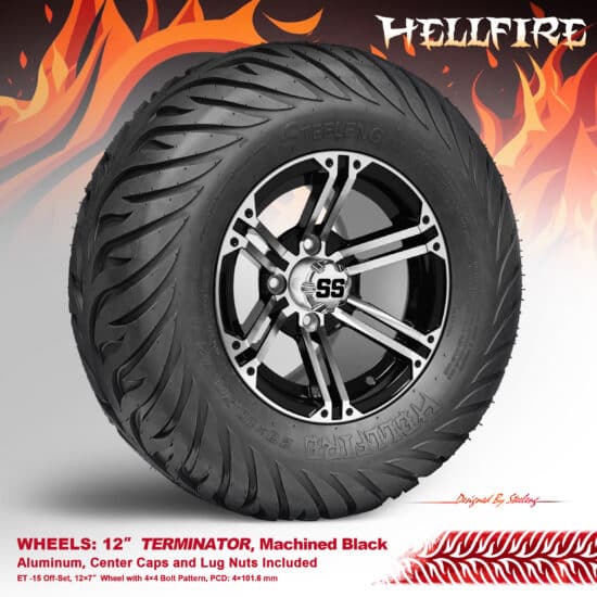 BNDL-TR1215-WH1239-CC0001-LN – SGC 12" Terminator Machined/Black Wheel - Aluminum Alloy / STEELENG 23”x10.5”-12” HELLFIRE Street Tire DOT approved