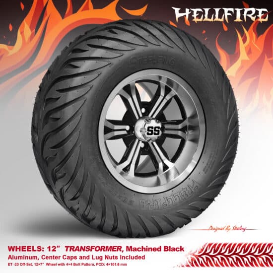 BNDL-TR1215-WH1240-CC0001-LN – SGC 12" Transformer Machined/Black Wheel - Aluminum Alloy / STEELENG 23”x10.5”-12” HELLFIRE Street Tire DOT approved