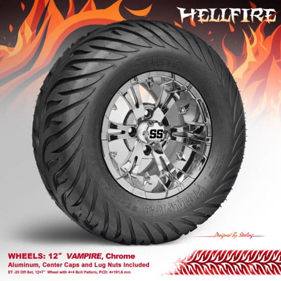 BNDL-TR1215-WH1243-CC0001-LN – SGC 12" Vampire Chrome Wheel - Aluminum Alloy / STEELENG 23”x10.5”-12” HELLFIRE Street Tire DOT approved