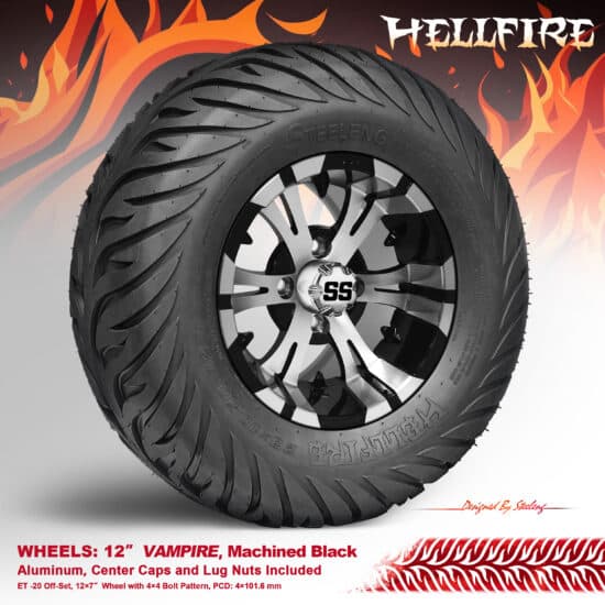 BNDL-TR1215-WH1245-CC0001-LN – SGC 12" Vampire Machined/Black Wheel - Aluminum Alloy / STEELENG 23”x10.5”-12” HELLFIRE Street Tire DOT approved